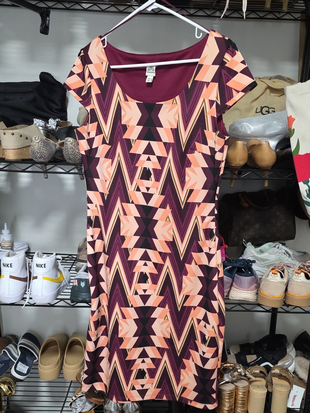 Signature by Sangria Peach & Plum Geometric Sheath Dress